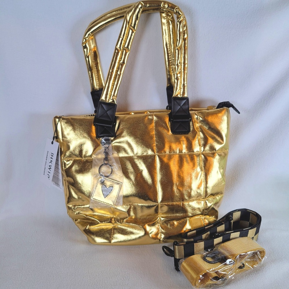 IHKWIP Shawn Killinger Womens Checkmate Quilted Padded Foil Medium Tote Bag Gold